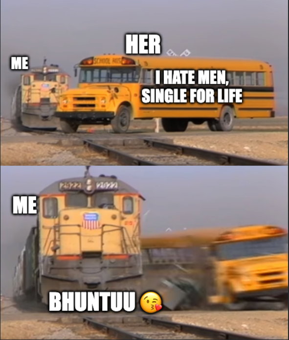 Train meme: her saying I hate men, single for life, then me as bhuntuu